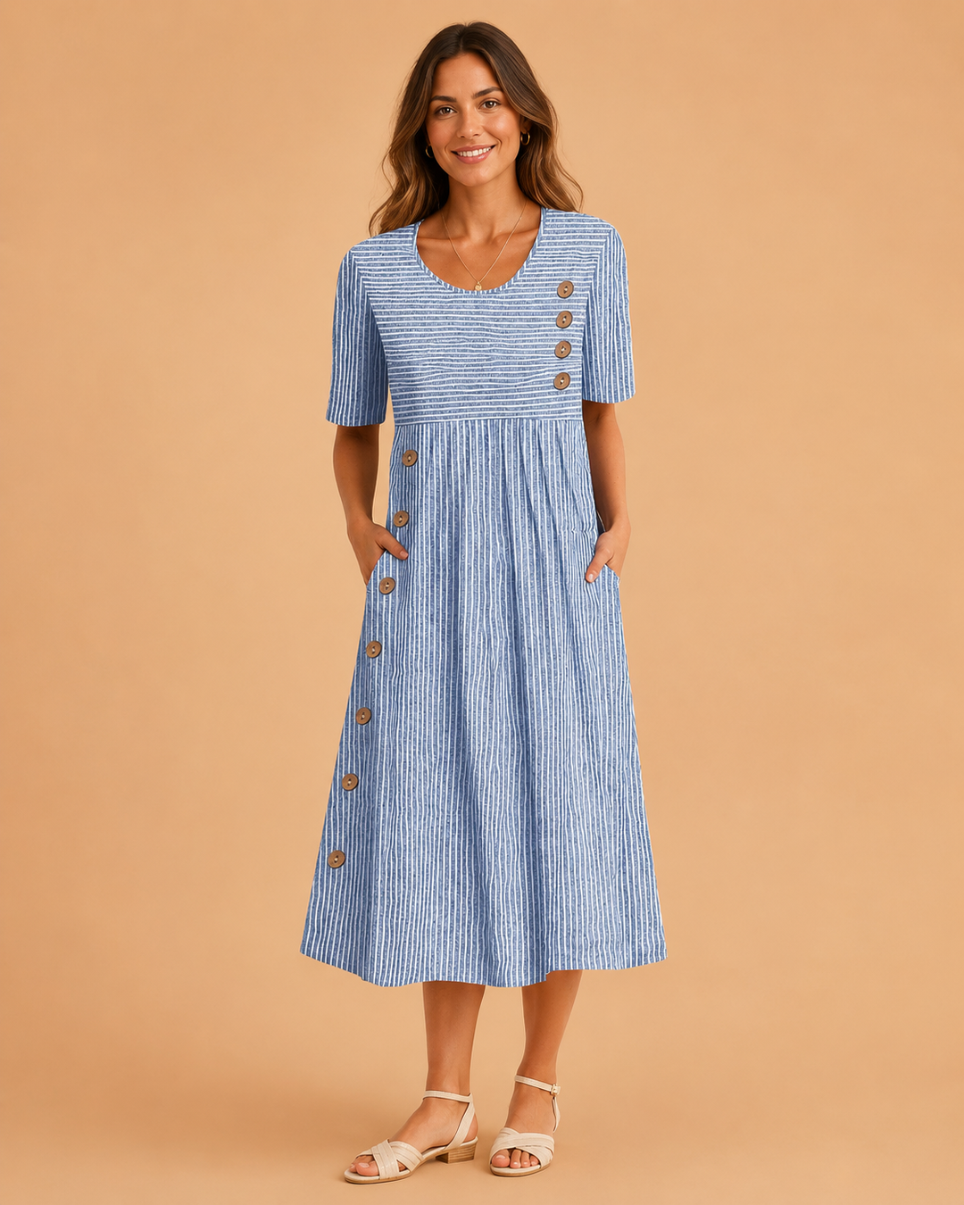 Women's Striped Midi Dress with Puff Sleeves and Pockets shown in Blue