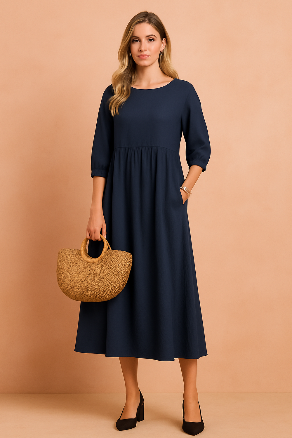 Women's Three Quarter Puff Sleeve Midi Dress with Pockets shown in Navy