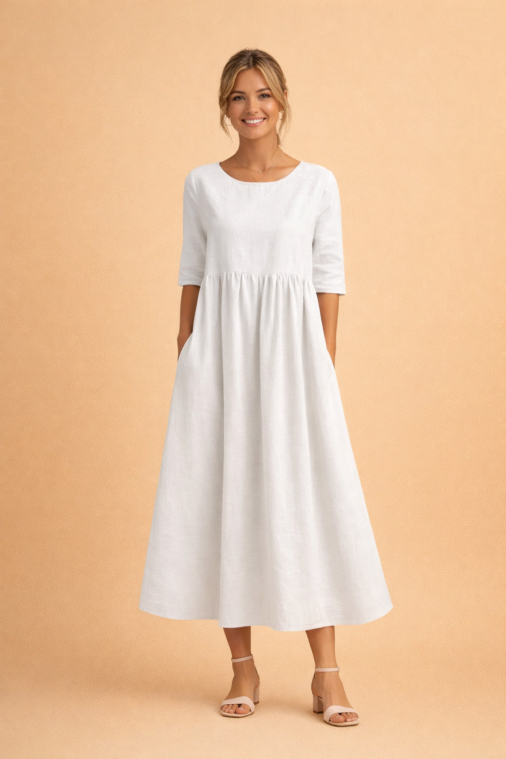Women's Three Quarter Sleeve Midi Dress with Side Pockets shown in White