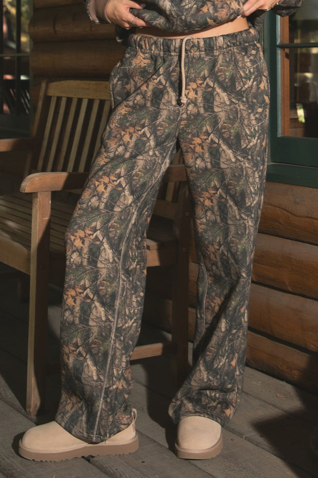 Women's wide leg camo print fleece sweatpants front detail