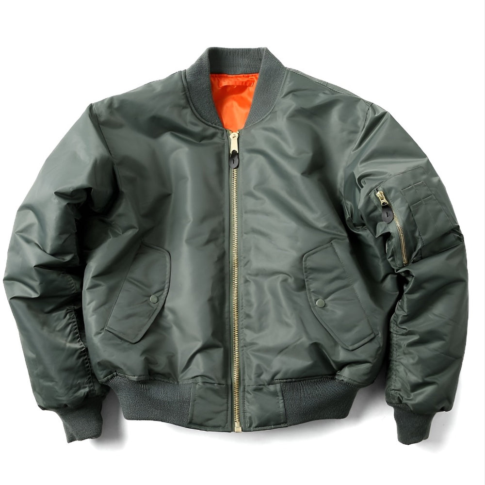 Women's Zip Up Bomber Jacket with Ribbed Collar and Sleeve Pocket shown in Green