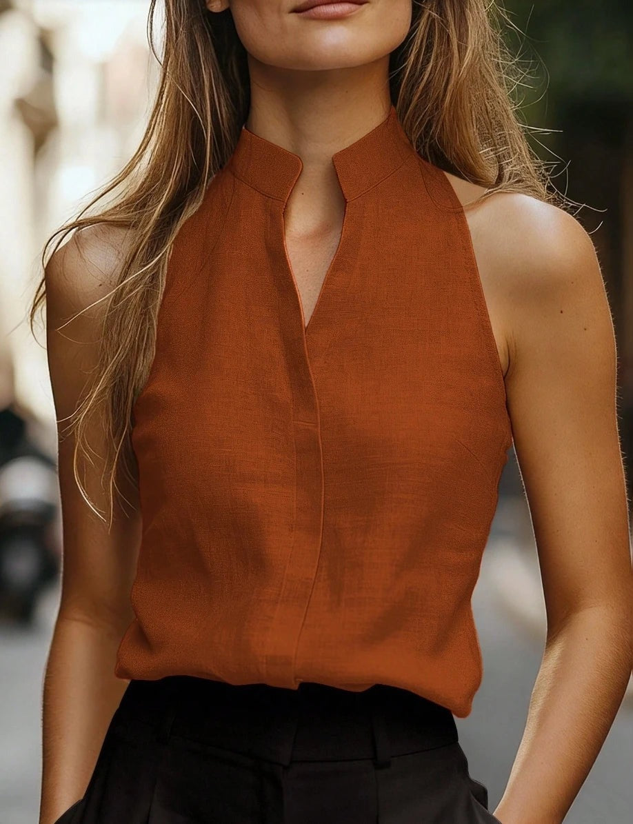 Split neck sleeveless blouse with concealed placket front view