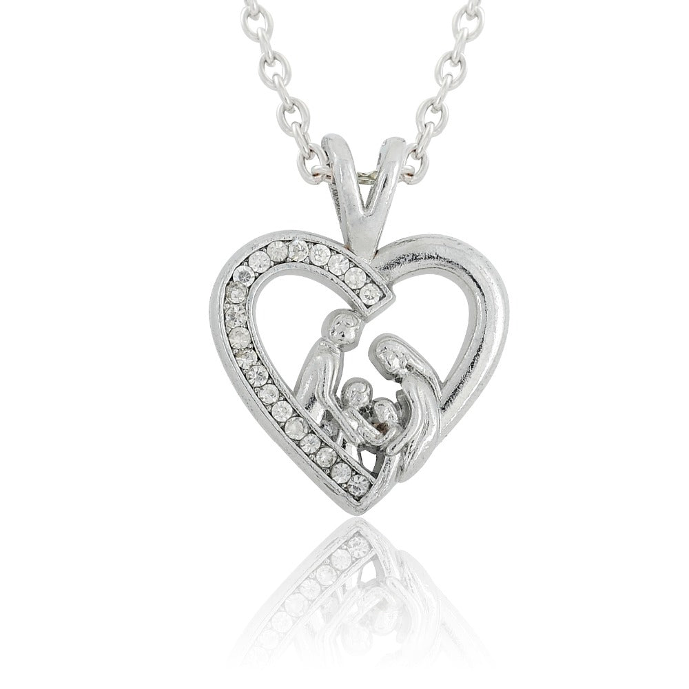 Happy Family Heart Pendant Necklace – Rhodium Plated