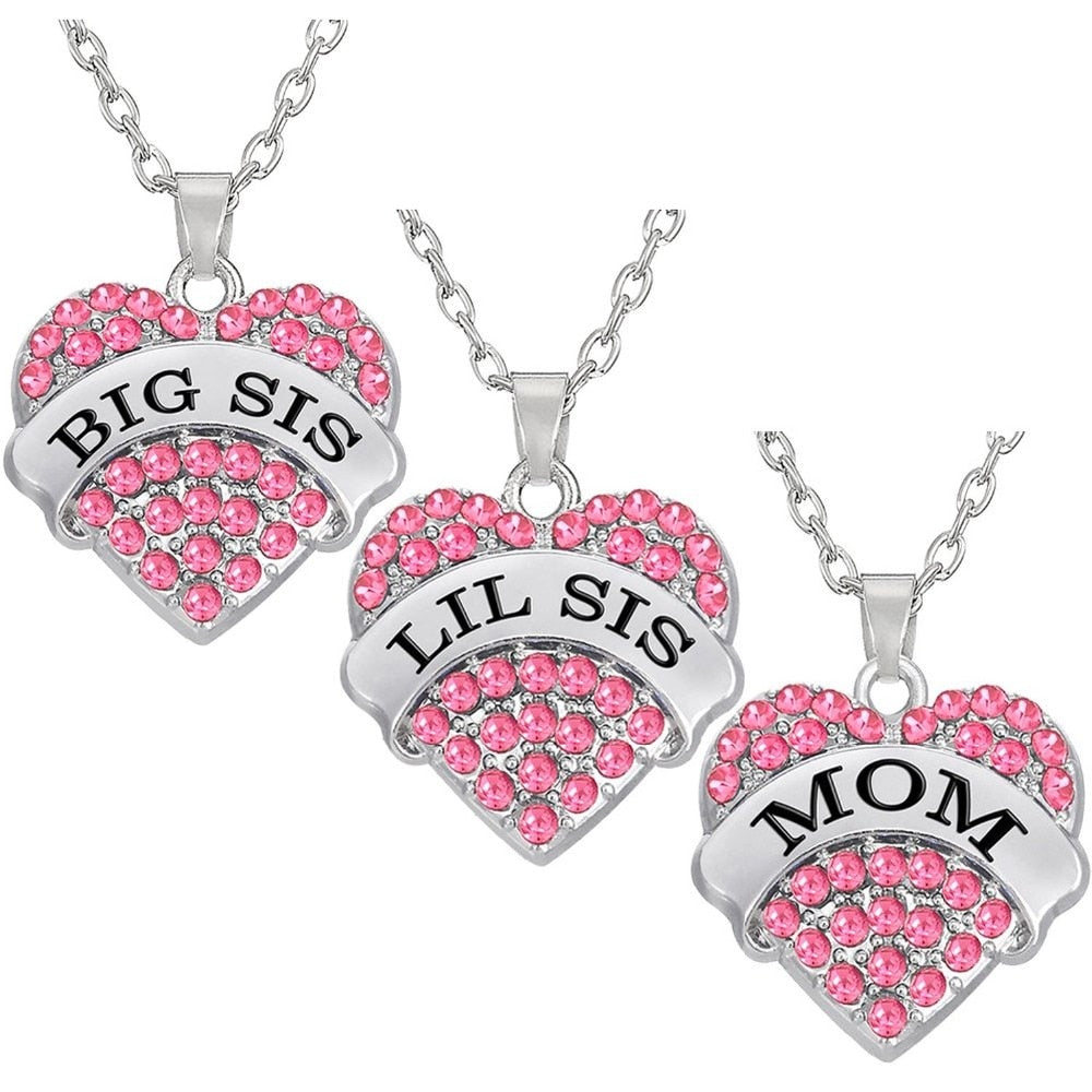 Mom & Sister Heart Pendant Necklace – Pink or Silver
