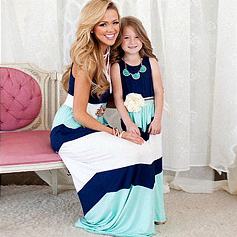 Mom-Daughter Matching Maxi Dress – Aqua, Navy & White