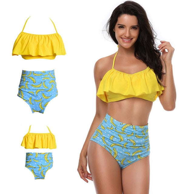 Mom-Daughter Matching Bikini Set – Yellow & Blue