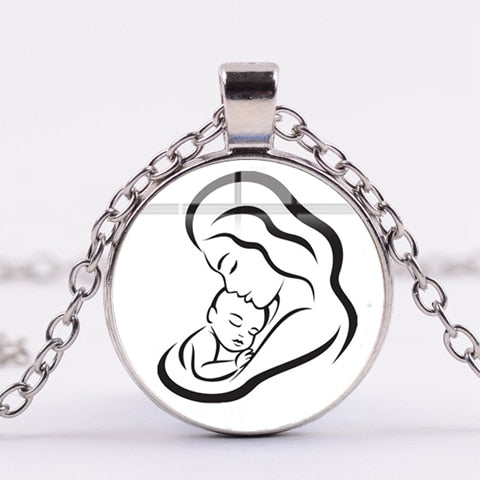 Mother & Baby Glass Pendant Necklace – Zinc Alloy